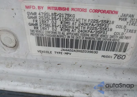 2016 Mitsubishi Outlander Es z USA, uszkodzony, nr VIN JA4AD2A3XGZ039630